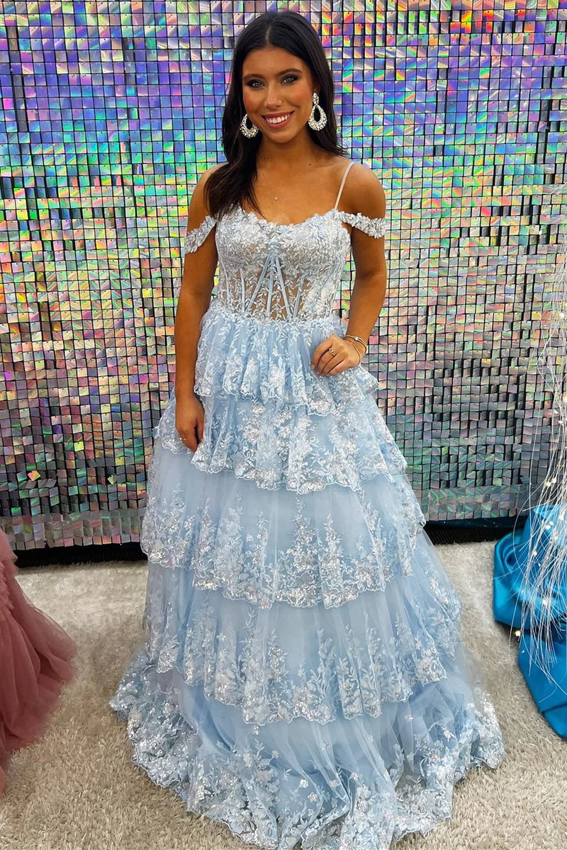 Light Blue Tulle Appliques Halter Ruffle Tiered Long Prom Dress – LANQI