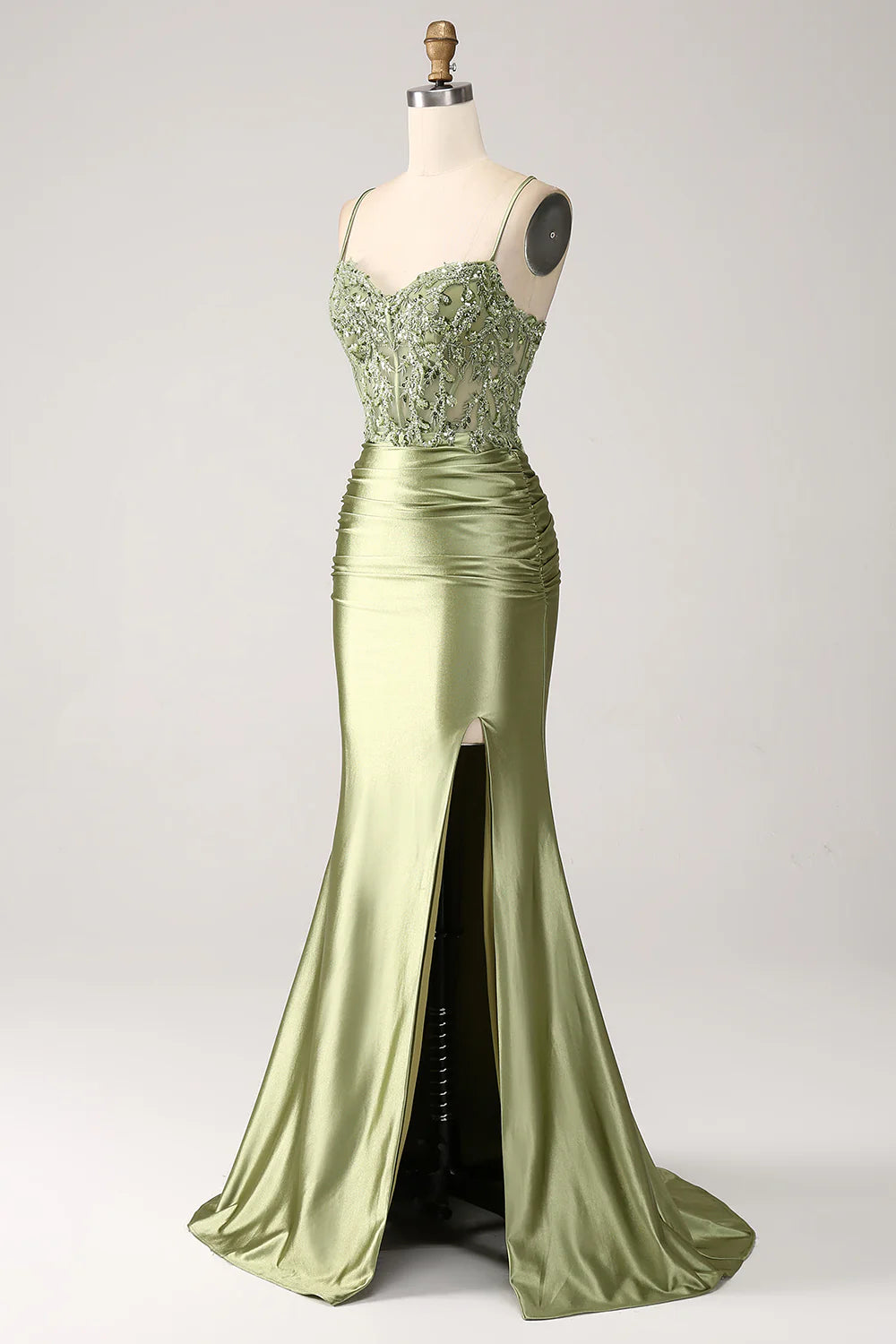 Sage Mermaid Spaghetti Straps Corset Sequin Lace-up Back Prom Dress With Slit