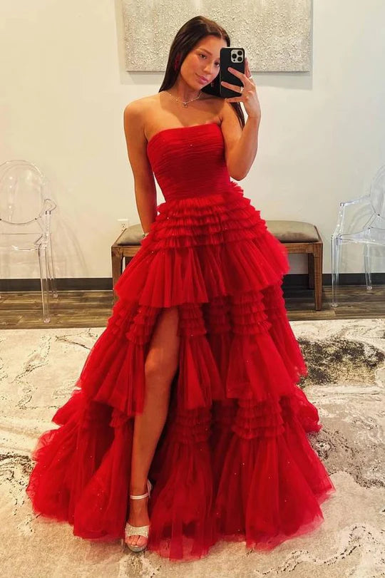 Tulle A-Line Strapless Tiered Prom Gown With Slit