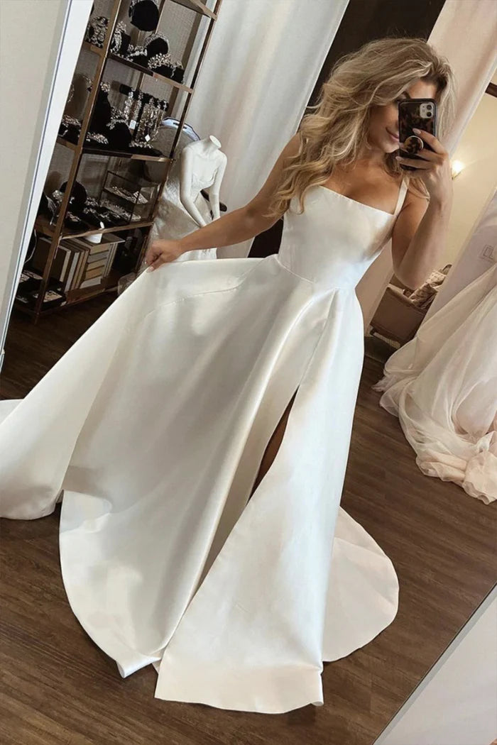 White Satin Long A-Line Prom Dress, Simple A-Line Evening Dress with S