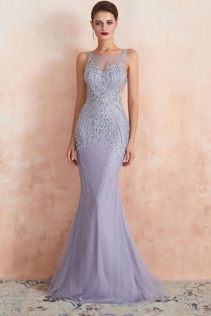 Lavender Round-Neck Sleeveless Mermaid Dress with Beading