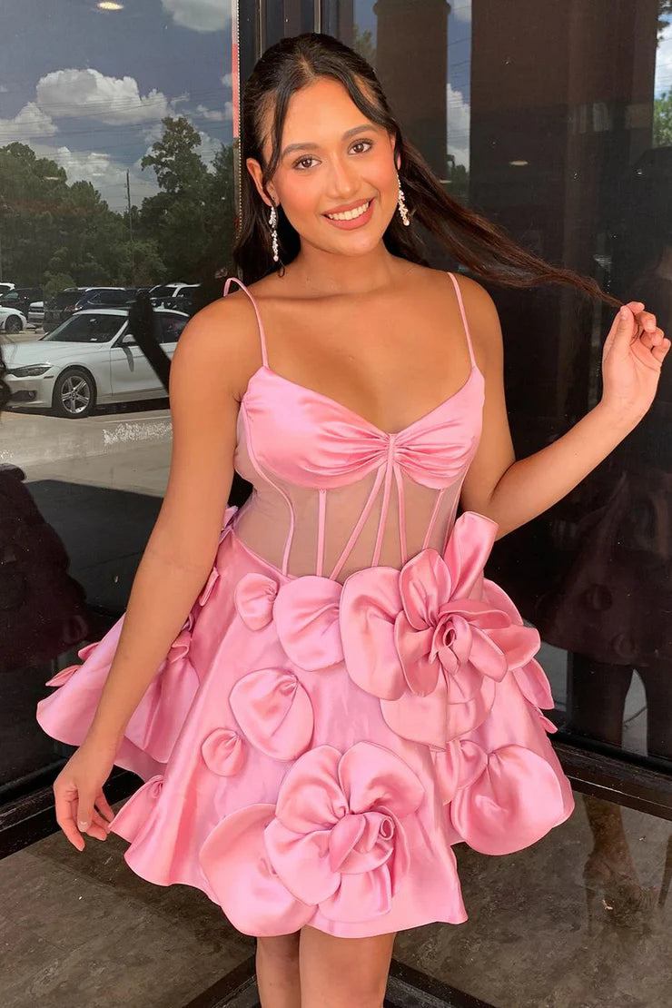 Cute A Line V Neck Pink Satin Short Full Of Charm Homecoming Dresses