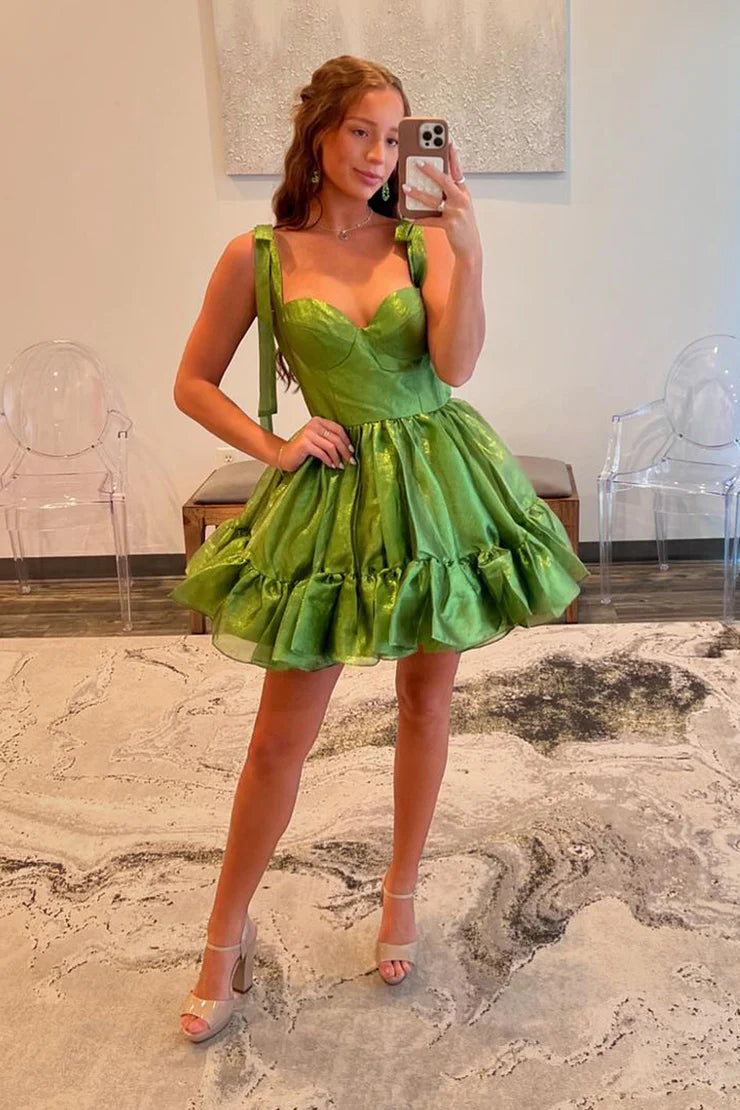 Cute A-Line Straps Sage Green Ruffle Satin Short Homecoming Dresse