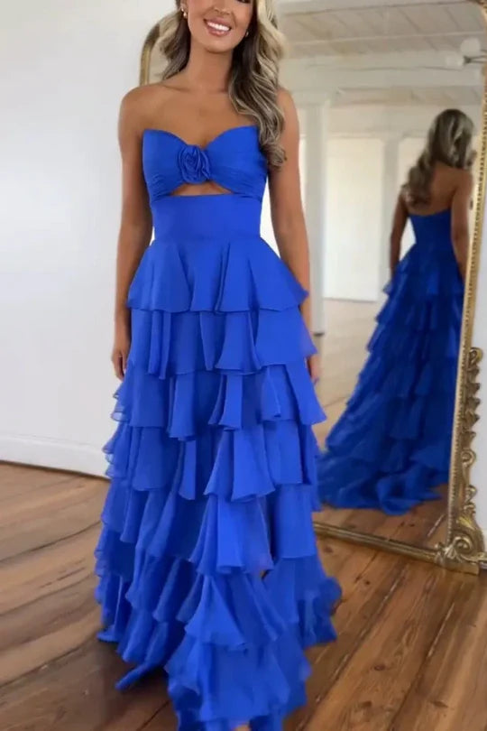 A-Line Strapless V-Neck Layered Chiffon Sleeveless Formal Prom Dress