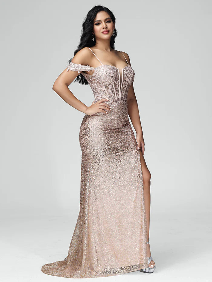 Off Shoulder Sequins Lace Up Unique Design Full Of Charm Prom Dress