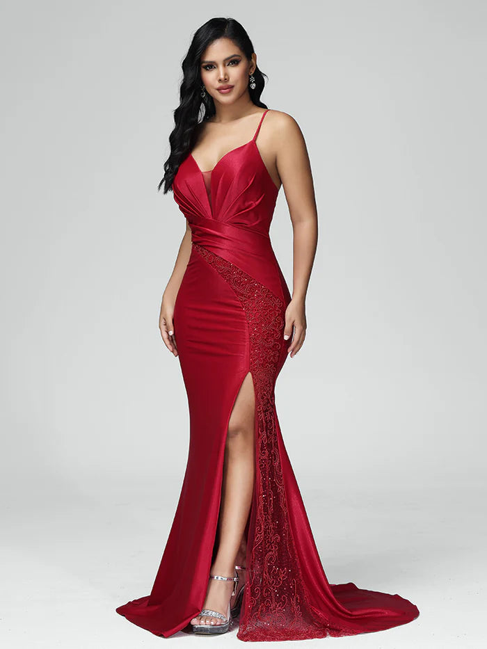 V Neck Spaghetti Straps Mermaid Exquisite Tailoring Prom Dress