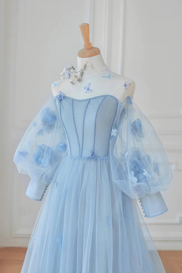 Blue Tulle Long A-Line Unique Design Full Of Charm Prom Dresses