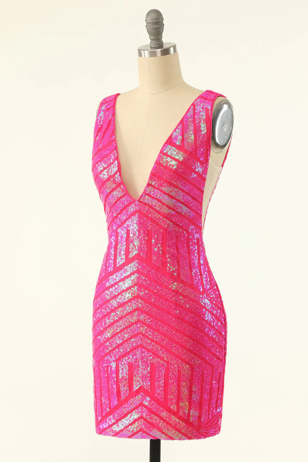 Sheath Sparkles V Neck Hot Pink Sequins Short Homecoming Dress