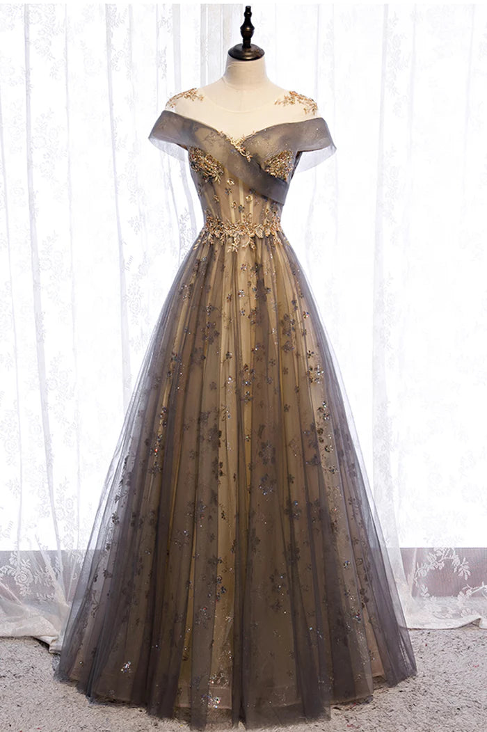 Gray Scoop Tulle Sequins Long Unique Design Party Dresses