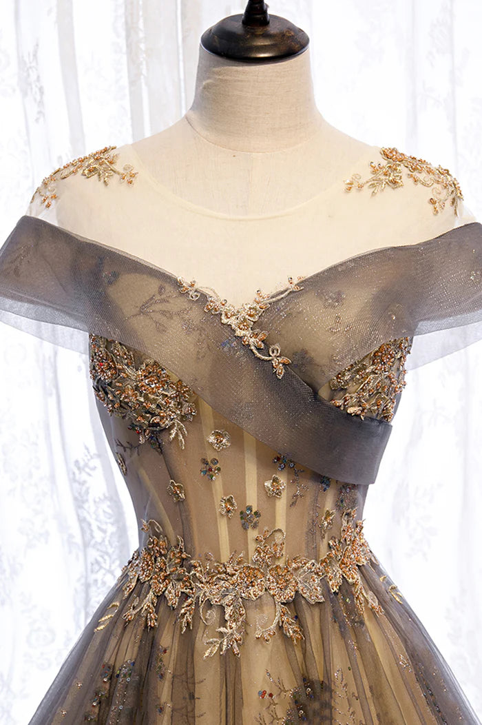 Gray Scoop Tulle Sequins Long Unique Design Party Dresses