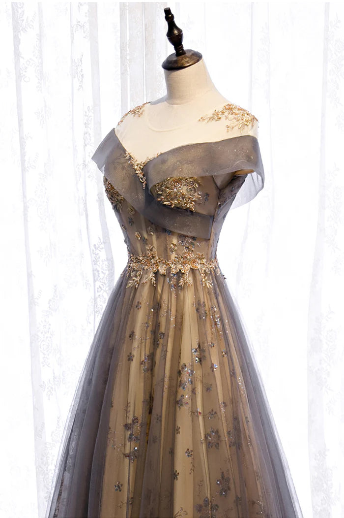 Gray Scoop Tulle Sequins Long Unique Design Party Dresses