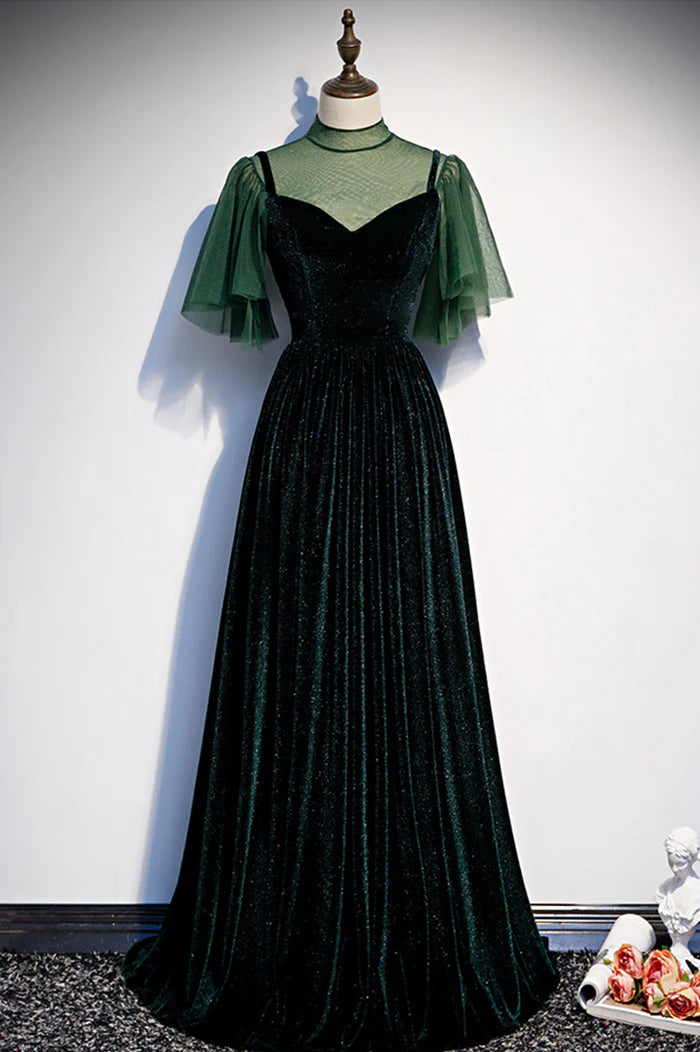 Green Velvet Long A-Line Unique Design Full Of Charm Party Dresses