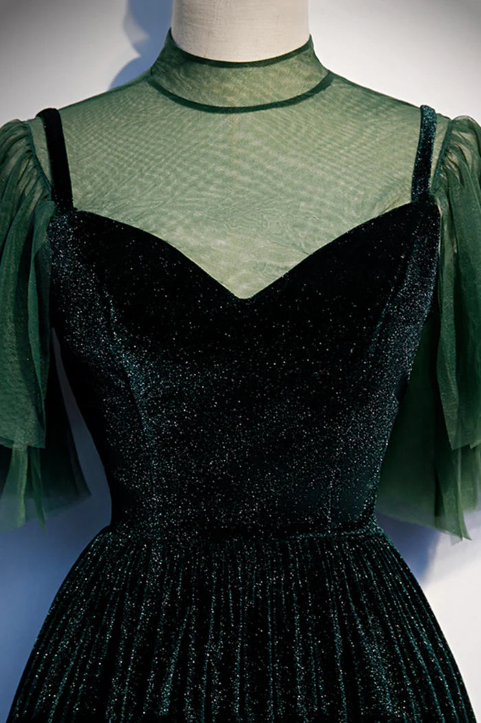 Green Velvet Long A-Line Unique Design Full Of Charm Party Dresses