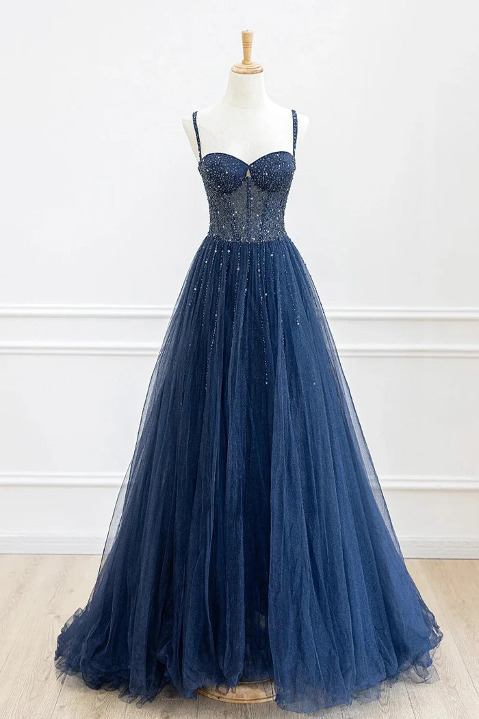 Blue Tulle Beaded Long Unique Design Full Of Charm Party Dresses