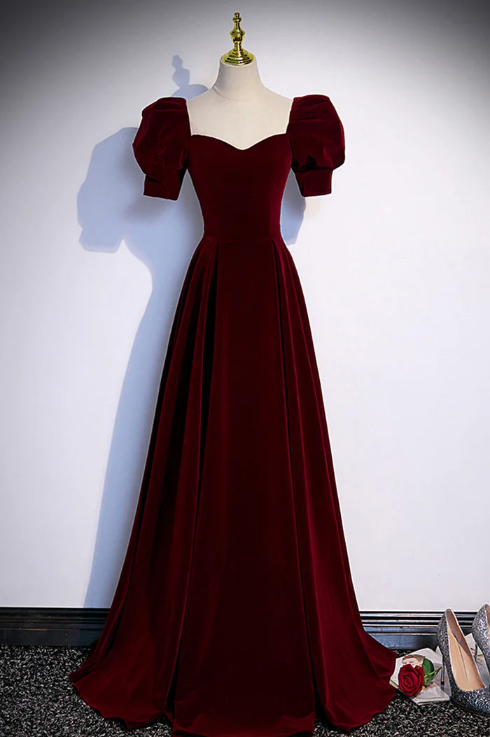 Burgundy Velvet Long A-Line Prom Dress, Simple Short Sleeve Party Dresses