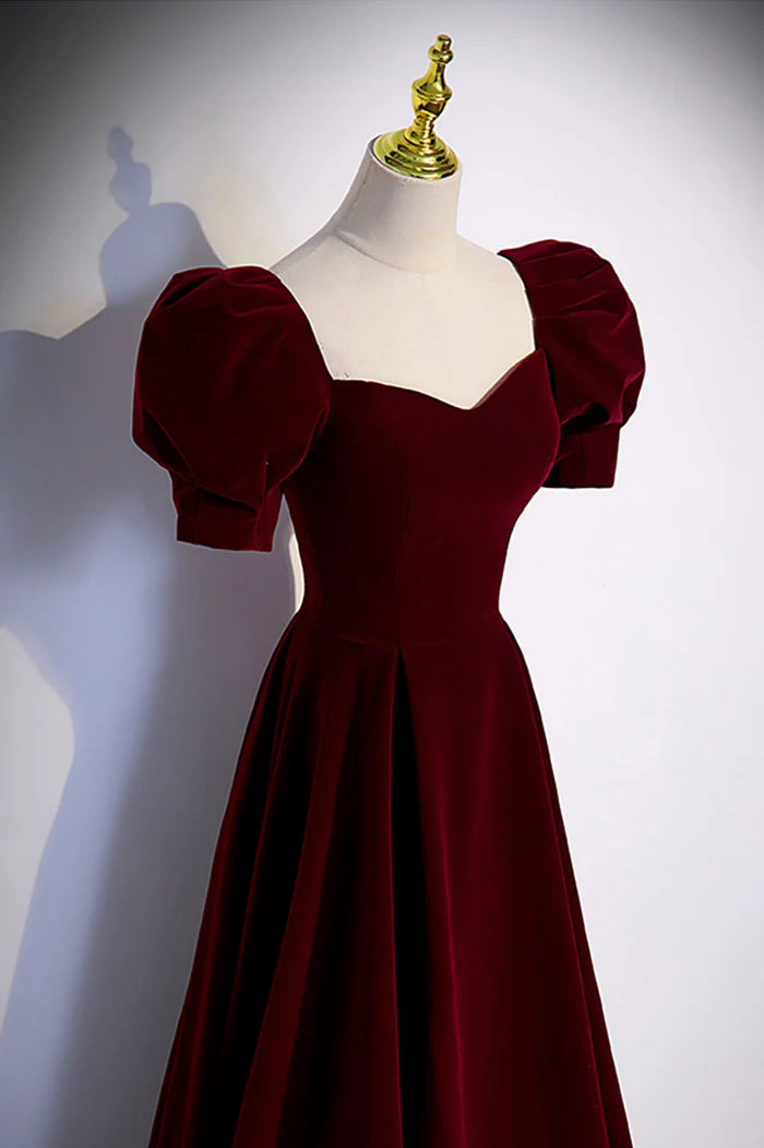 Burgundy Velvet Long A-Line Prom Dress, Simple Short Sleeve Party Dresses