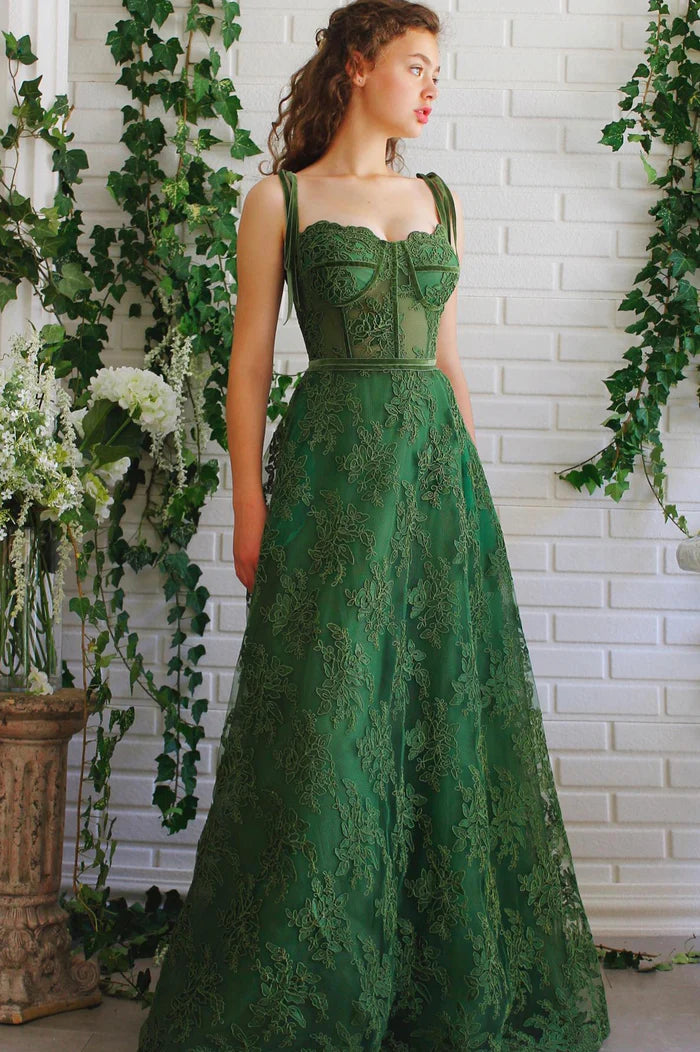 Green Lace Long Formal Unique Design Full Of Charm Prom Dresses