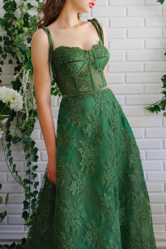 Green Lace Long Formal Unique Design Full Of Charm Prom Dresses