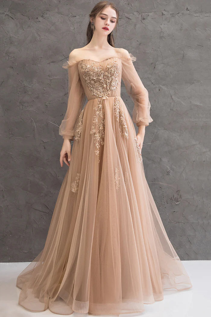 Cute Tulle Lace Off the Shoulder Evening Dress, Long Sleeve A-Line Prom Dress