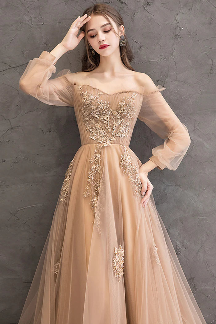 Cute Tulle Lace Off the Shoulder Evening Dress, Long Sleeve A-Line Prom Dress