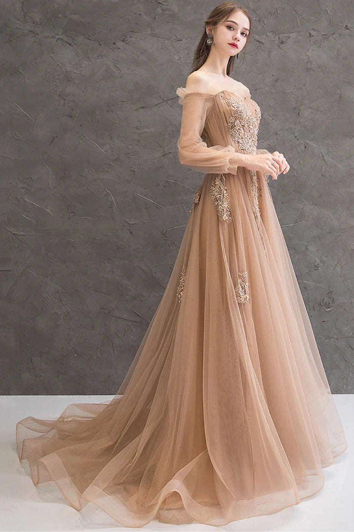 Cute Tulle Lace Off the Shoulder Evening Dress, Long Sleeve A-Line Prom Dress