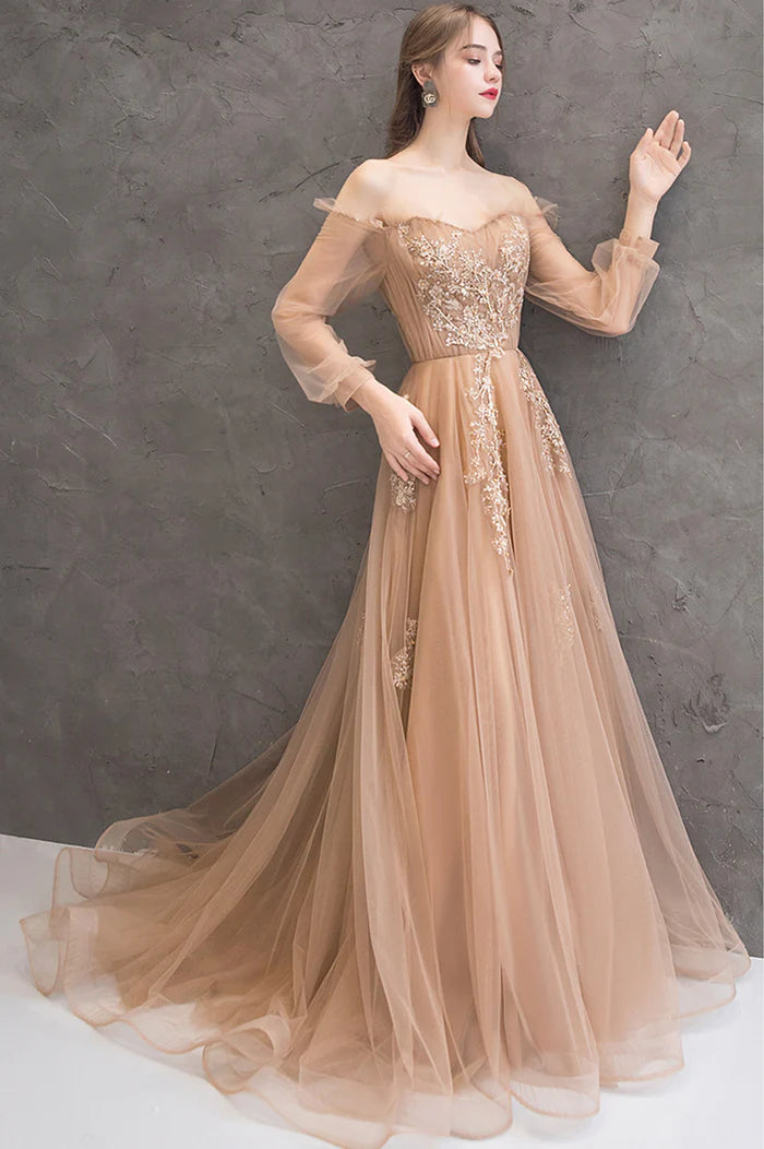 Cute Tulle Lace Off the Shoulder Evening Dress, Long Sleeve A-Line Prom Dress