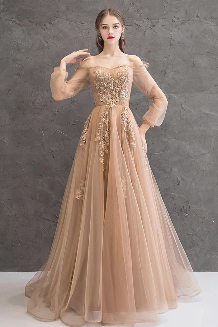 Cute Tulle Lace Off the Shoulder Evening Dress, Long Sleeve A-Line Prom Dress