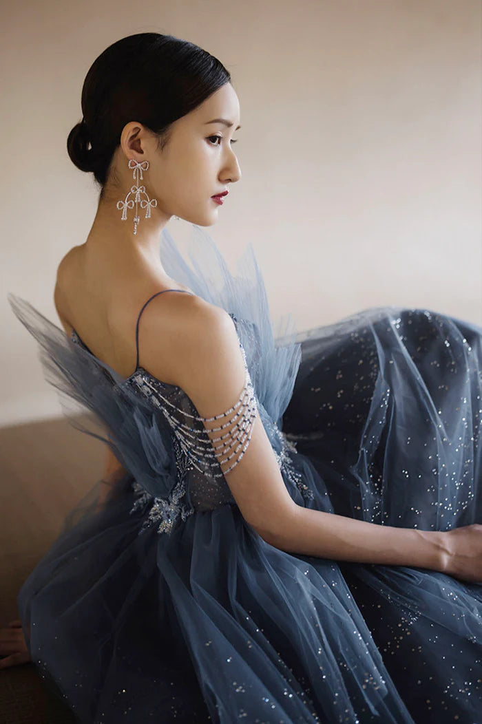 Blue Tulle Layers Straps Beaded Long  Unique Design Party Dresses