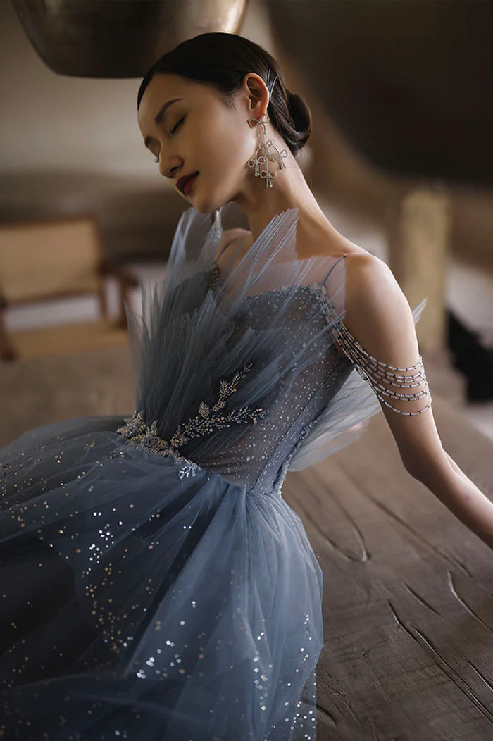 Blue Tulle Layers Straps Beaded Long  Unique Design Party Dresses