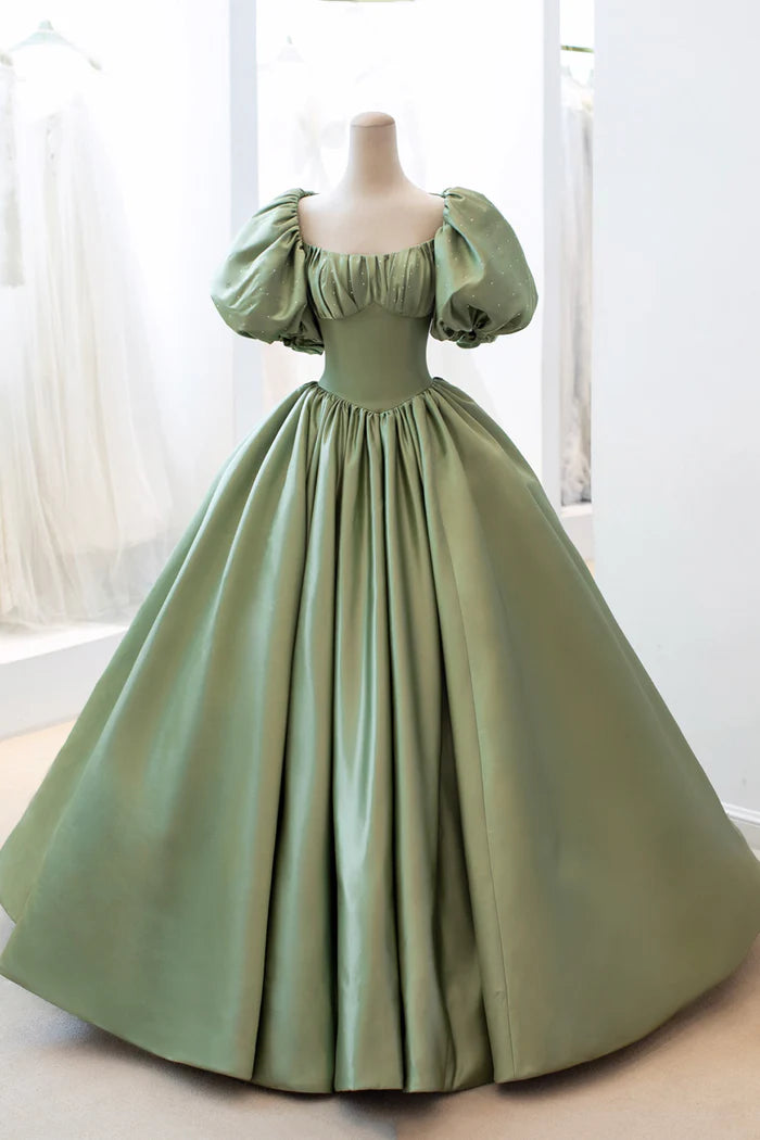 Green Satin Puff Sleeves Long Unique Design Full Of Charm Party Dresses