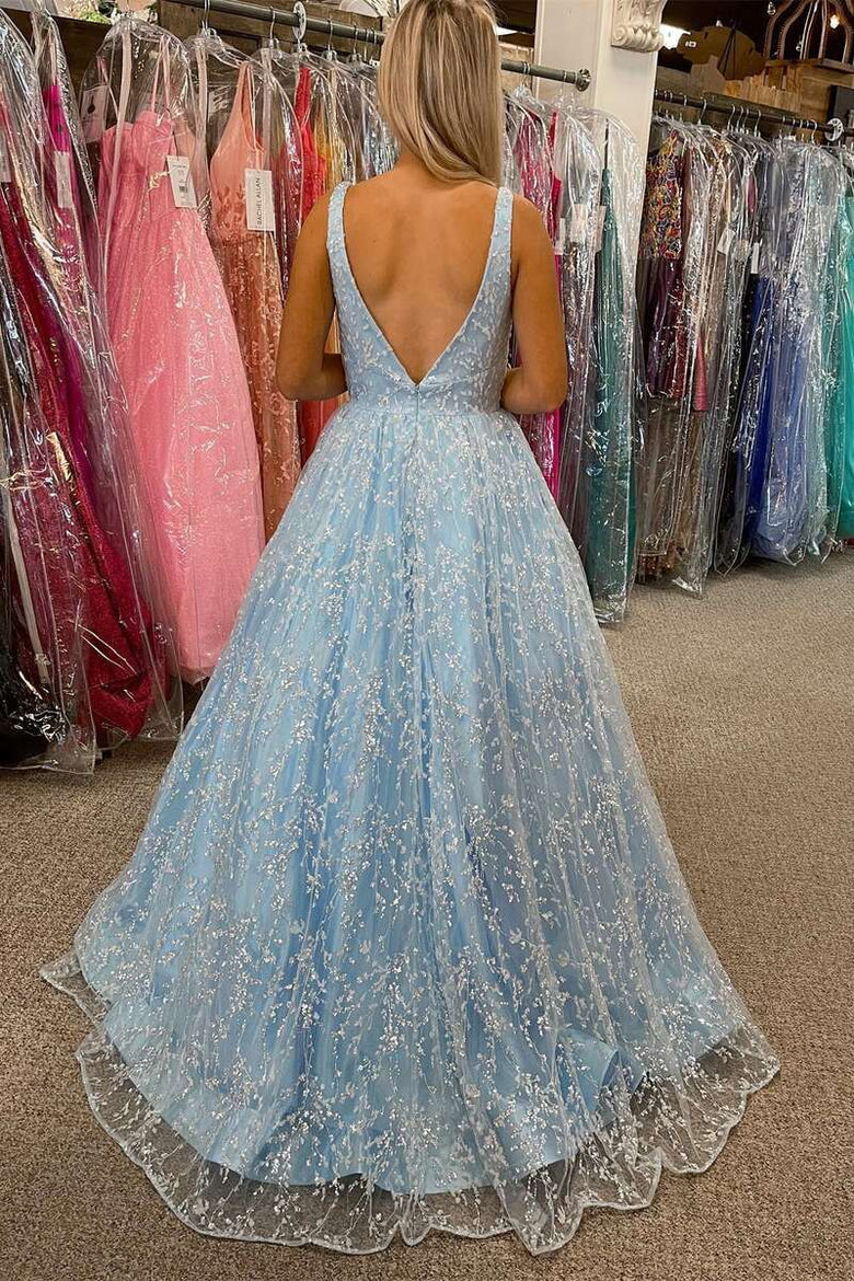 Princess Light Blue Lace V-Neck Backless A-Line Prom Gown