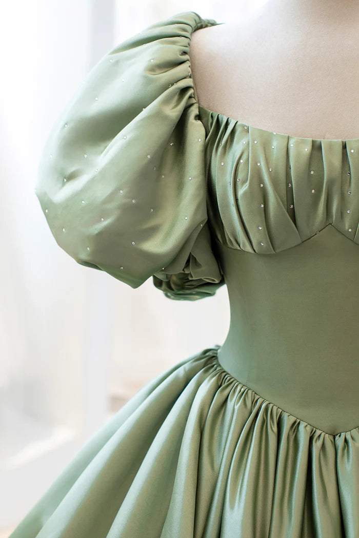 Green Satin Puff Sleeves Long Unique Design Full Of Charm Party Dresses