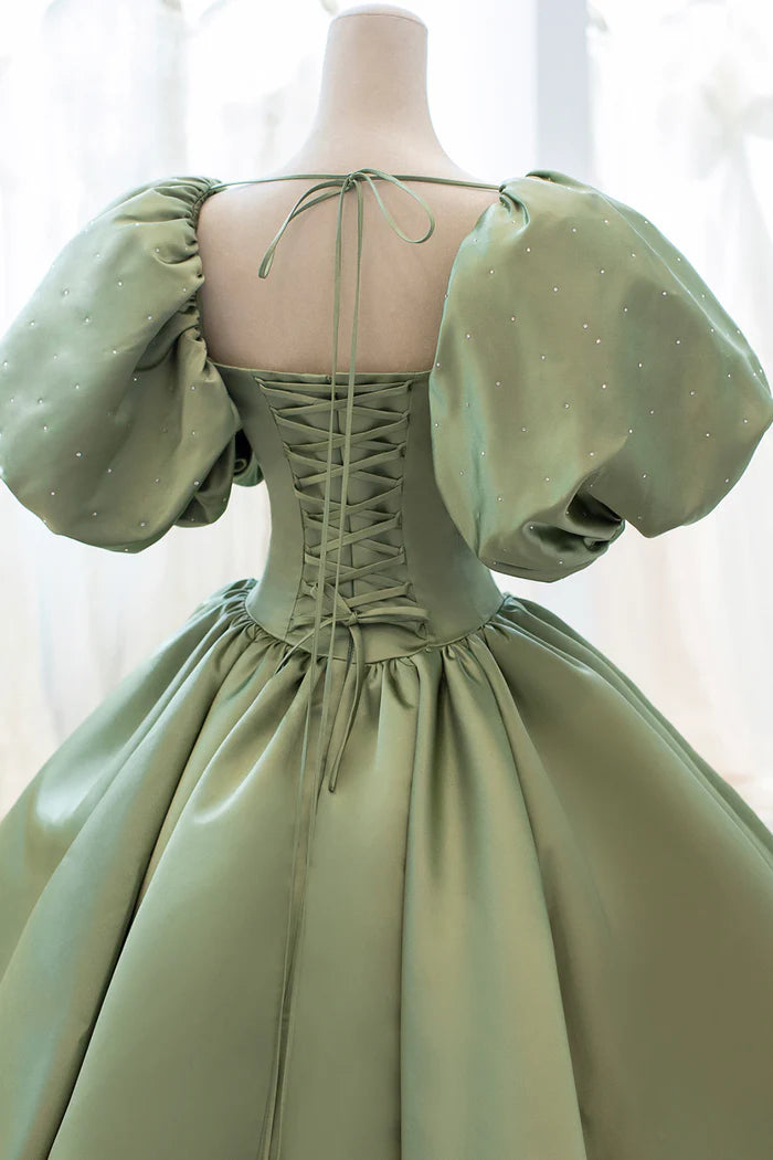 Green Satin Puff Sleeves Long Unique Design Full Of Charm Party Dresses