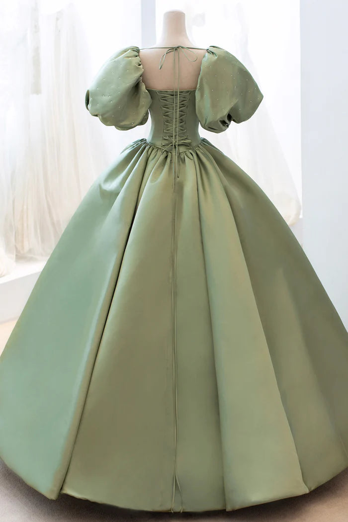 Green Satin Puff Sleeves Long Unique Design Full Of Charm Party Dresses