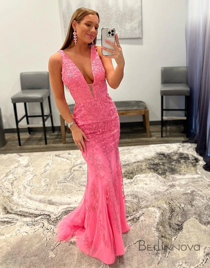 Sexy Mermaid V Neck Pink Full Of Charm Prom Dress