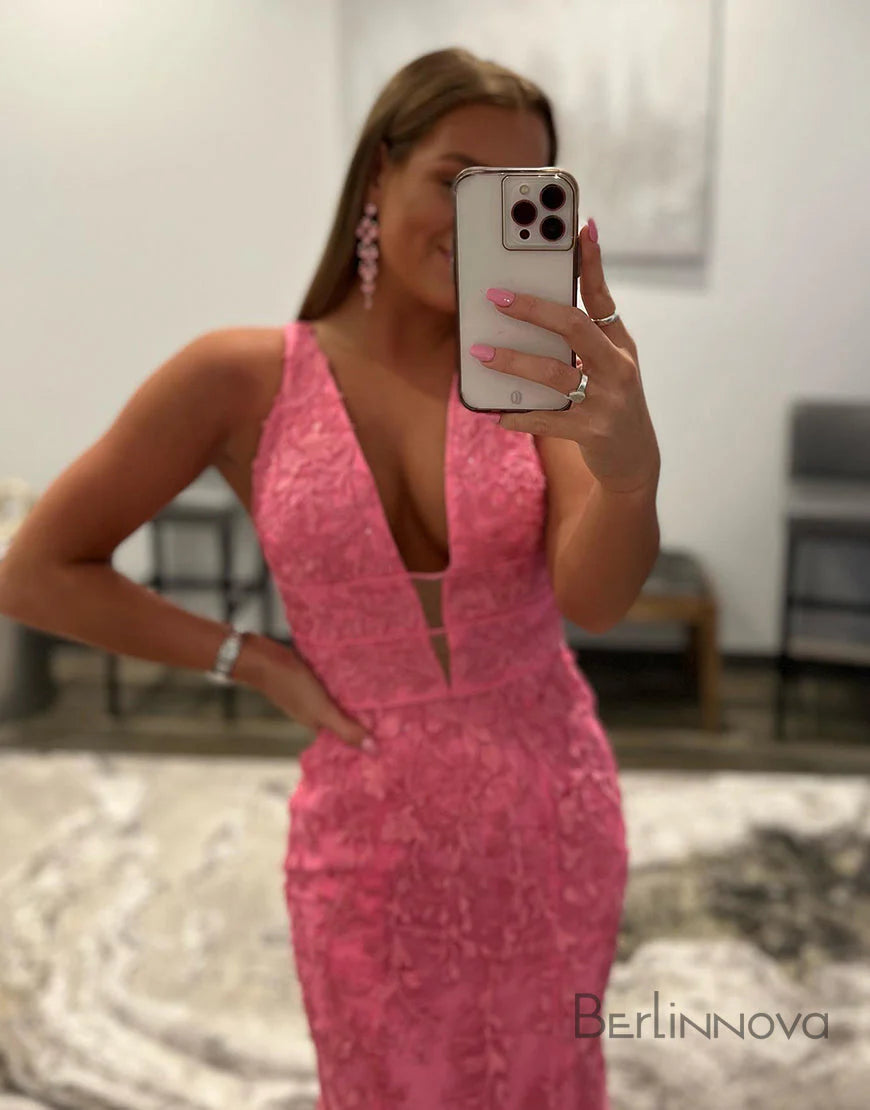 Sexy Mermaid V Neck Pink Full Of Charm Prom Dress