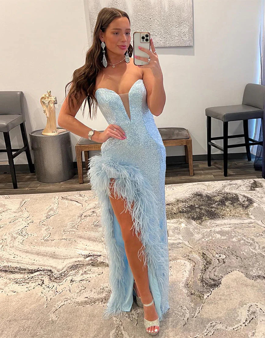 Sexy Glitter V Neck Mermaid Blue Long Full Of Charm Evening Dresses