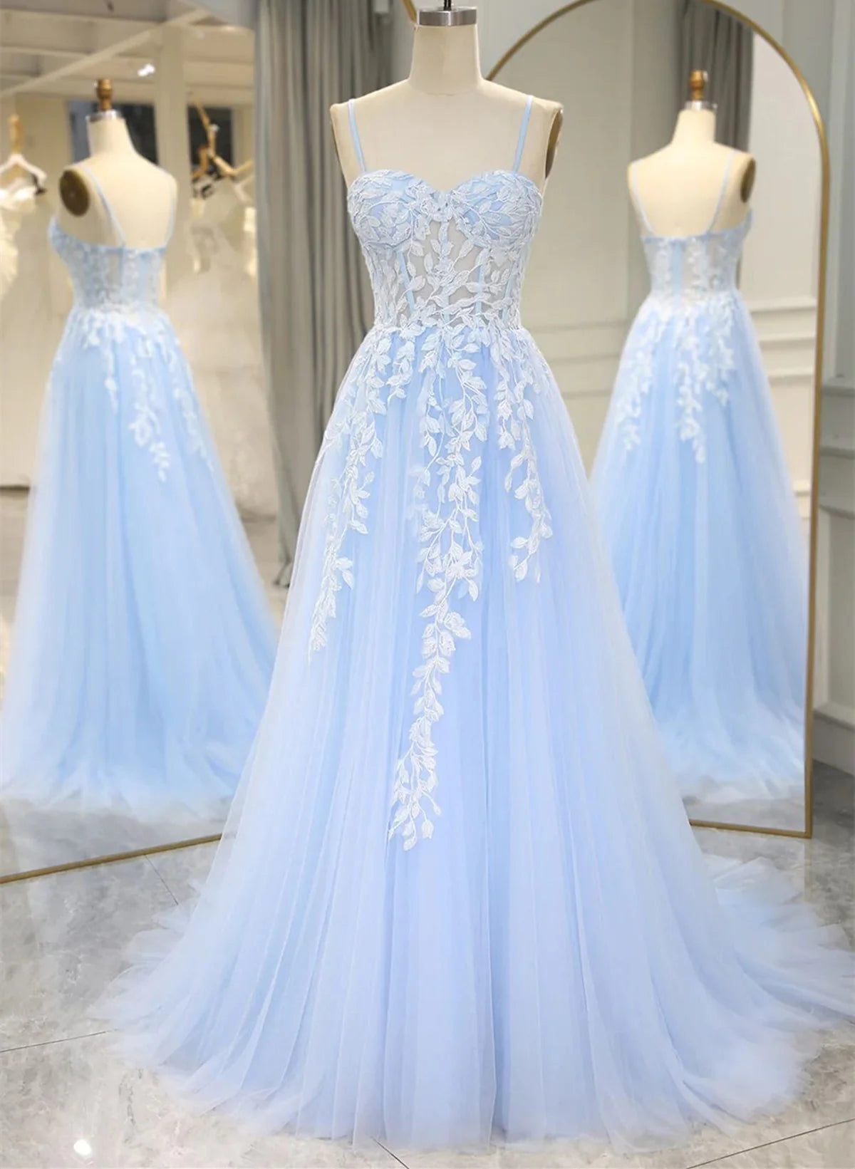 A-line Tulle Blue with Lace Sweetheart Straps Full Of Charm Prom Dress