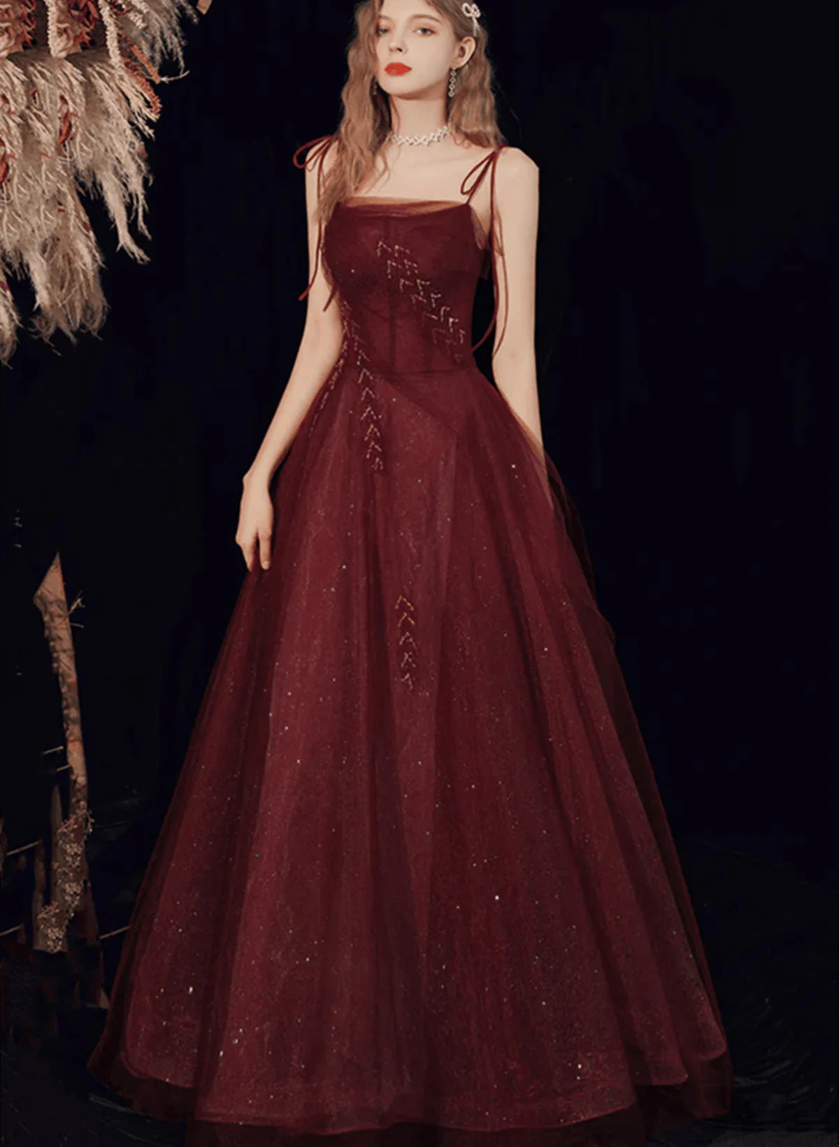 Wine Red Straps Tulle Beaded Long Full Of Charm Prom Dress