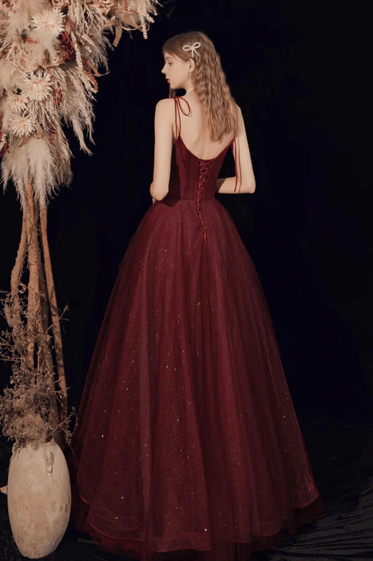 Wine Red Straps Tulle Beaded Long Full Of Charm Prom Dress
