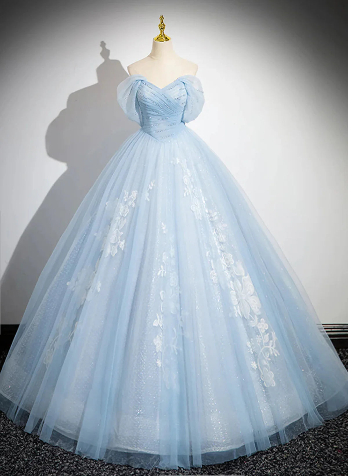 Light Blue Tulle Off Shoulder Beaded Full Of Charm Prom Dress