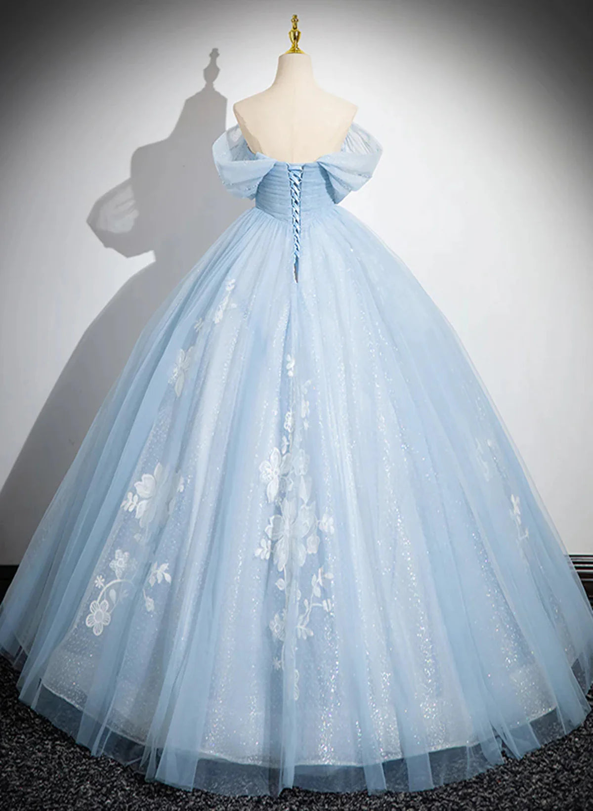 Light Blue Tulle Off Shoulder Beaded Full Of Charm Prom Dress