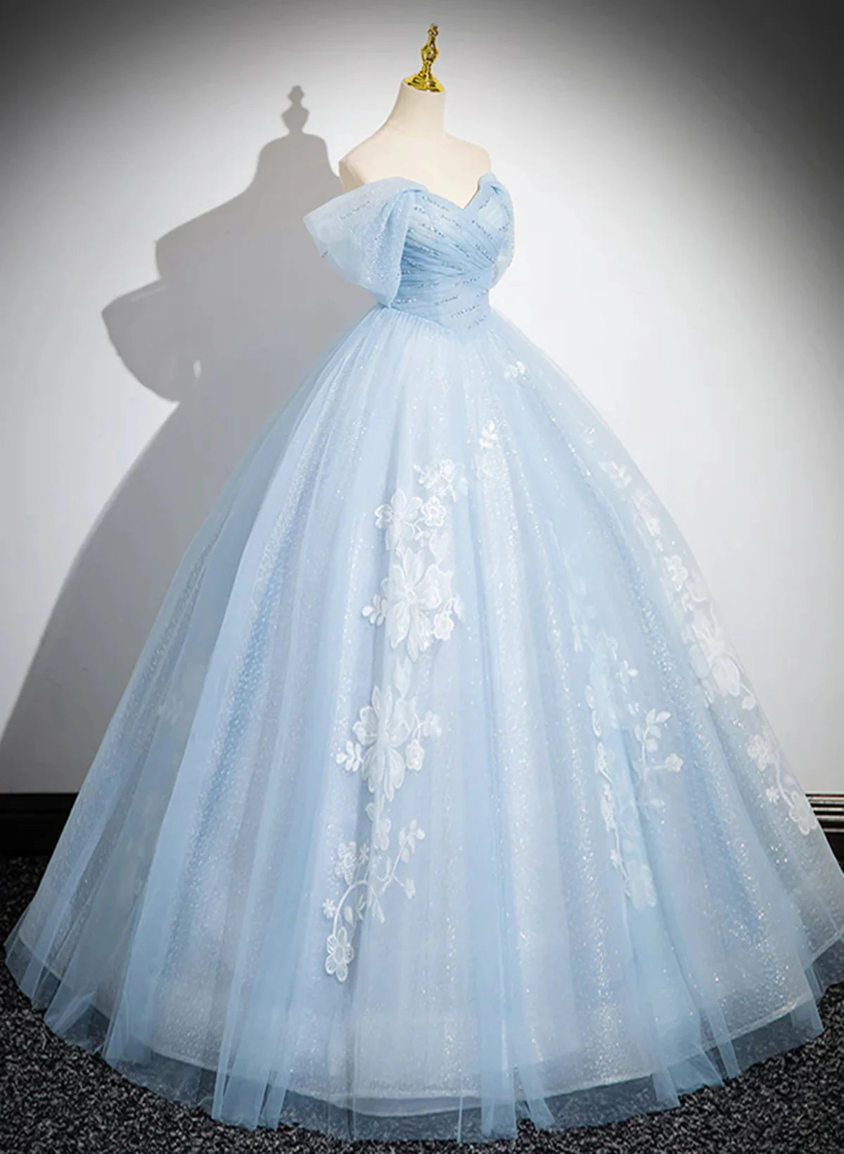 Light Blue Tulle Off Shoulder Beaded Full Of Charm Prom Dress