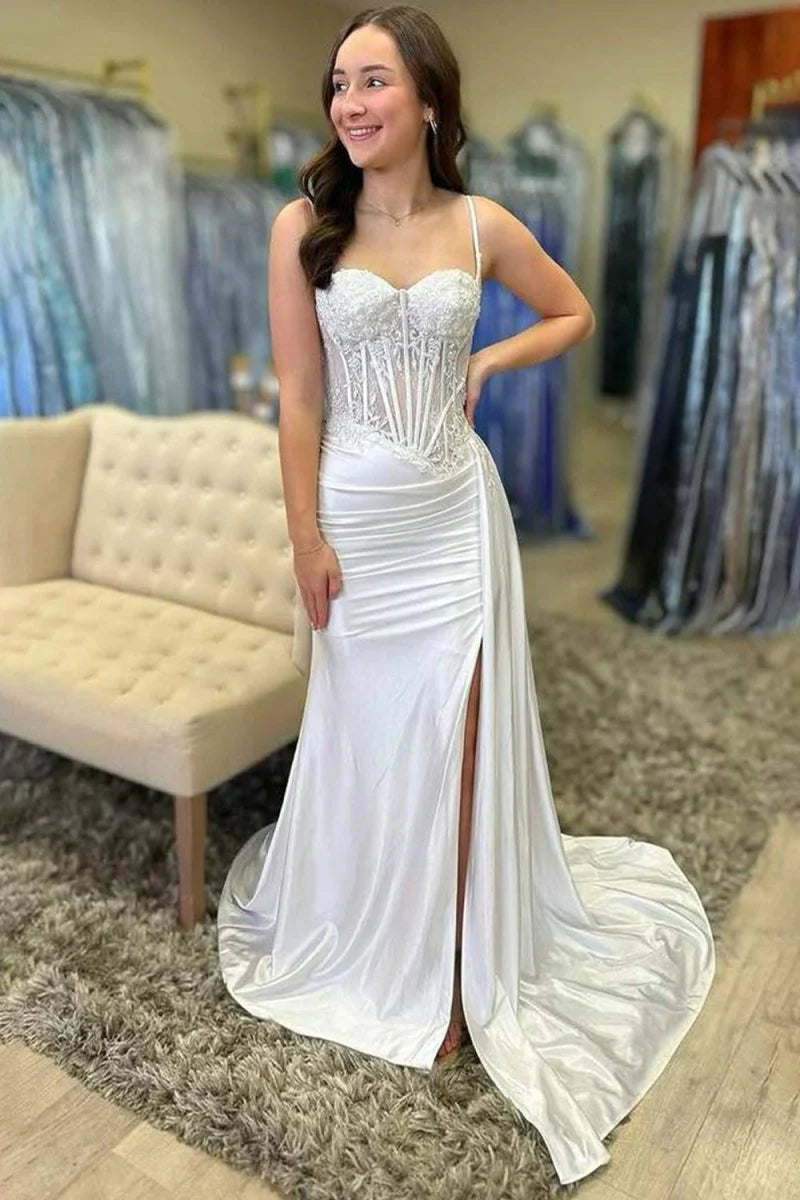 Silver Spaghetti Straps Mermaid Appliqued Prom Dress
