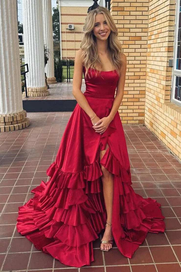 Scoop Neck A Line Lace-Up Ruffle Tiered Red Prom Dress
