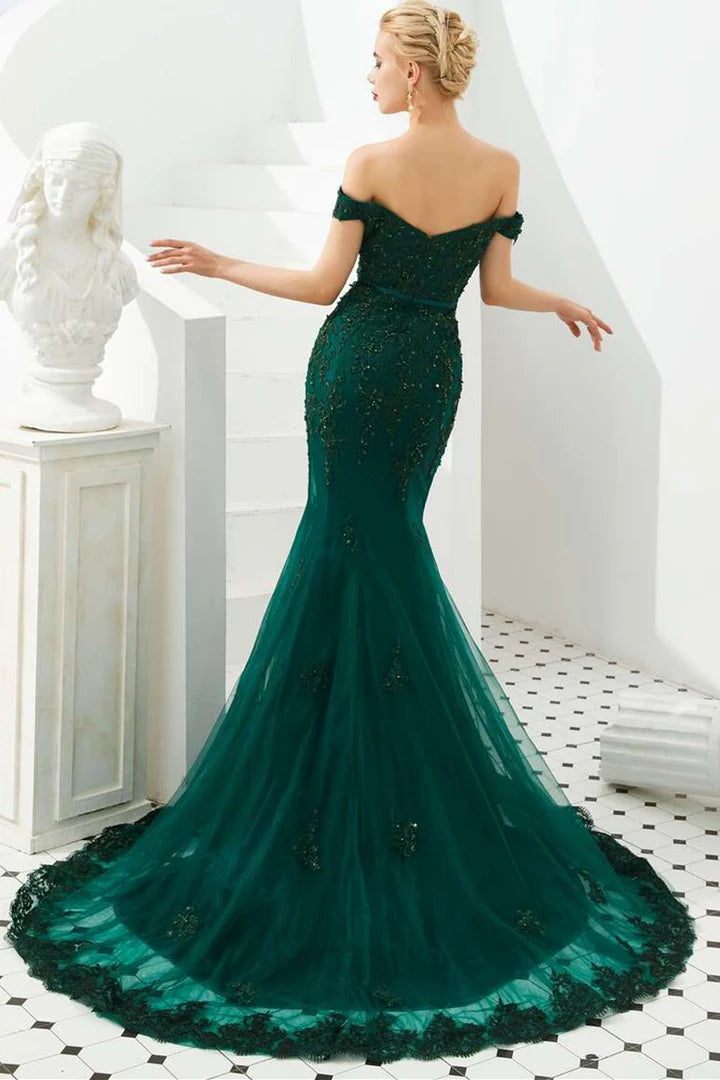 Hunter Green Off-the-Shoulder Appliques Trumpet Long Formal Dress