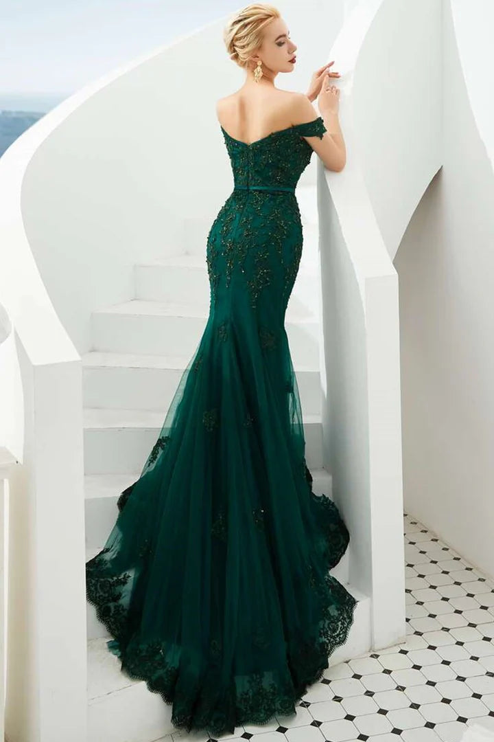 Hunter Green Off-the-Shoulder Appliques Trumpet Long Formal Dress