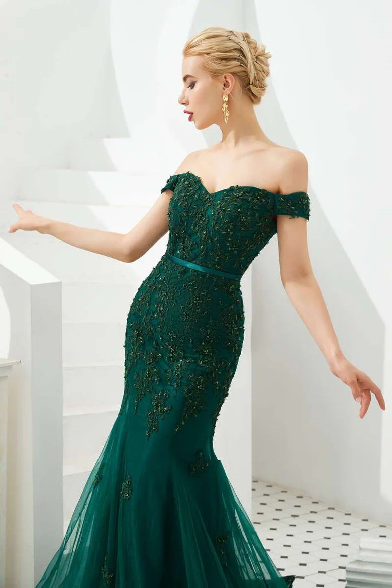 Hunter Green Off-the-Shoulder Appliques Trumpet Long Formal Dress