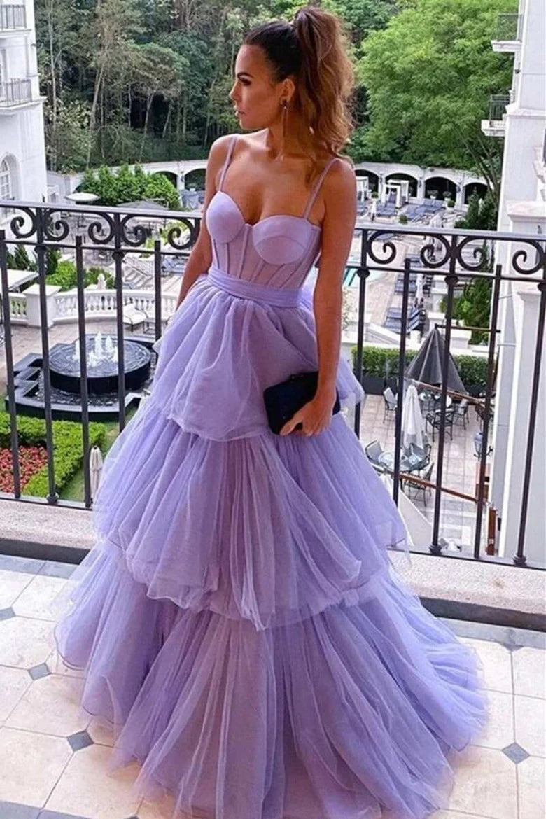 Tiered Lavender Bustier Bow-Back Long Appropriate Color Matching Prom Dress