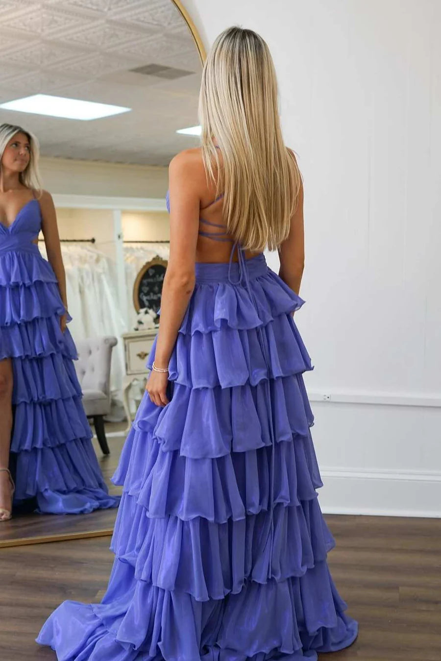 Elegant Purple A-Line V-Neck Tiered Long Formal Prom Dress